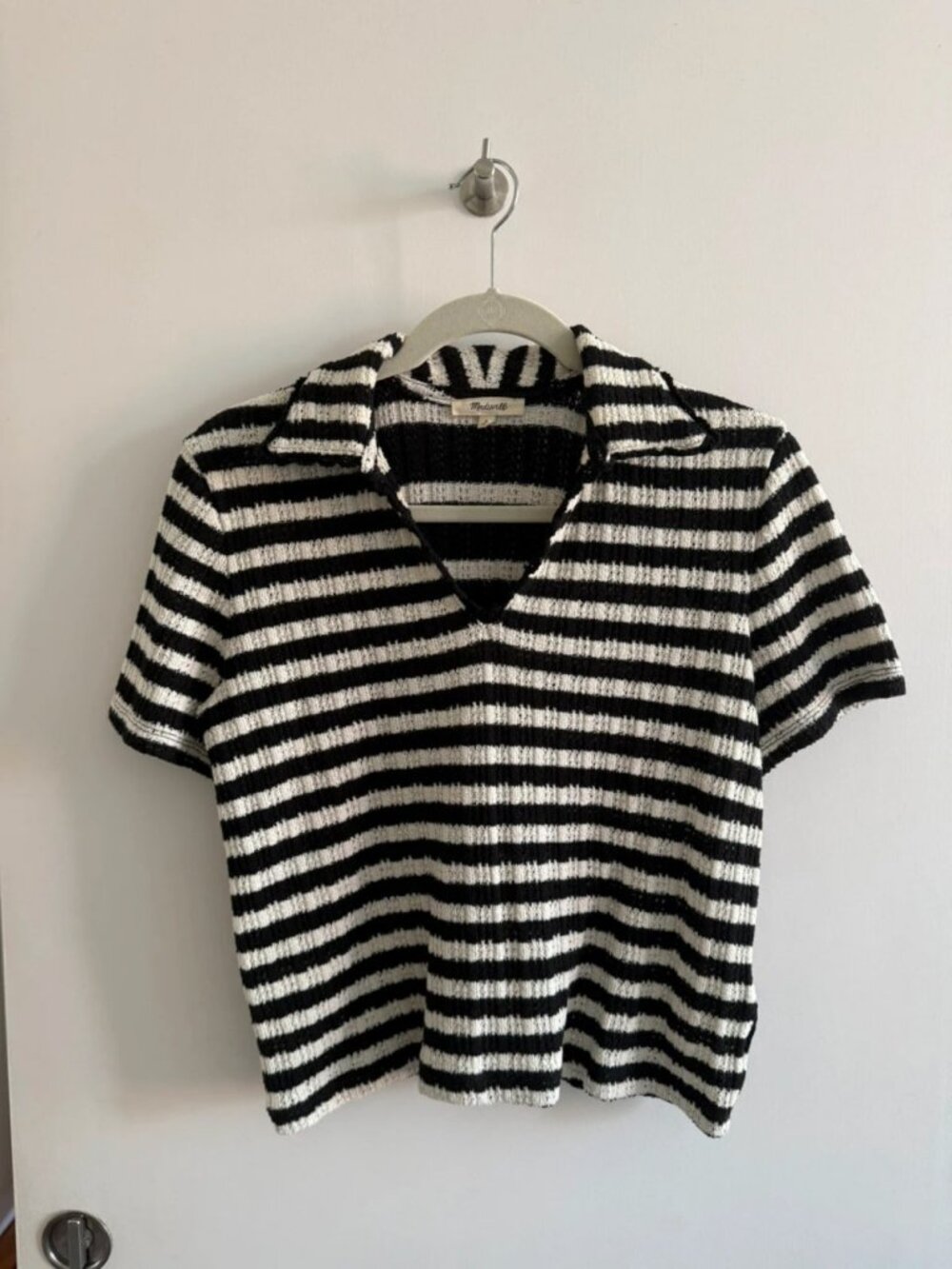 Women's Black & White Striped Knit Polo Top Size S